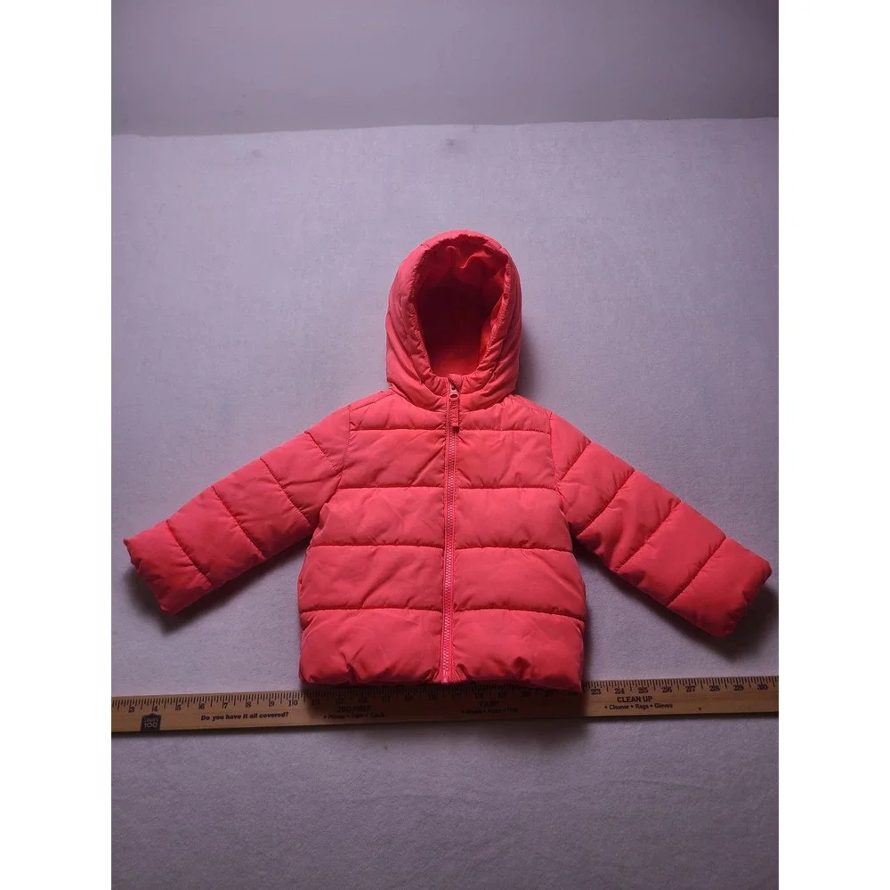 The Children's Place 2T Puffer Jacket Neon Coral Pink Quilted Hooded Zip Up Coat